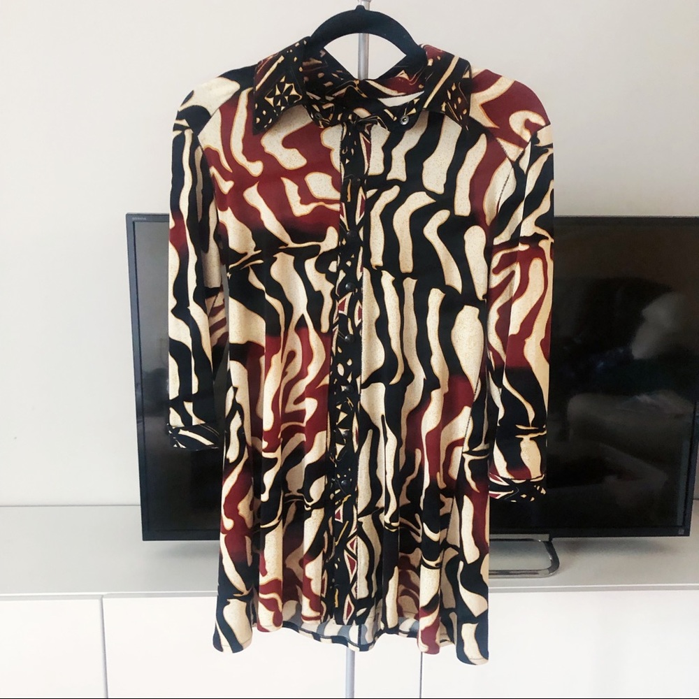 Evo Vorro Black Brown Cream Print Button Up Blouse